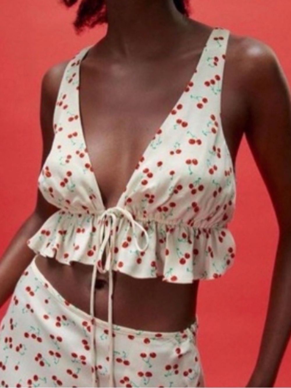Zara Cherry Print Ruffle Tie Front Crop Top Size Small NWT Y2K Coquette Cami